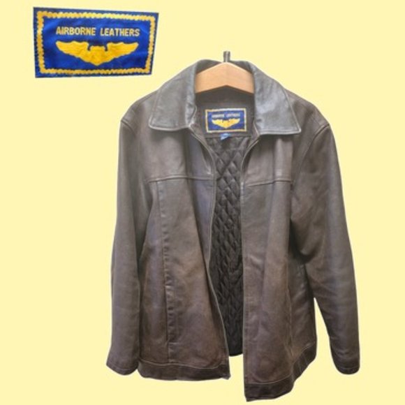 Airborne Leathers brown leather bomber jacket coat size L - Picture 1 of 5